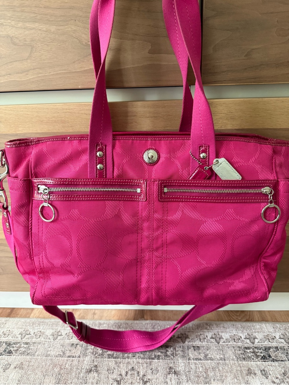 Coach Hot Pink Signature Diaper Tote with Dual Front Zips